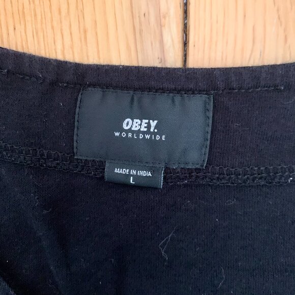 Vintage Y2K Obey Baseball Shirt Spellout Logo Men's Large Black Skating Street - Picture 3 of 5